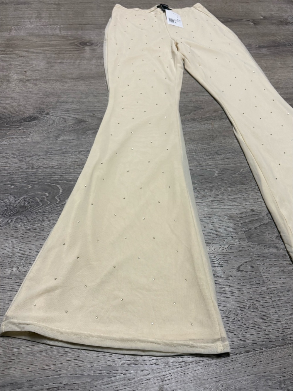 Forever 21 Egret Rhinestone Mesh Flare Pants NWT Sheer High Rise Festival S - Picture 3 of 5